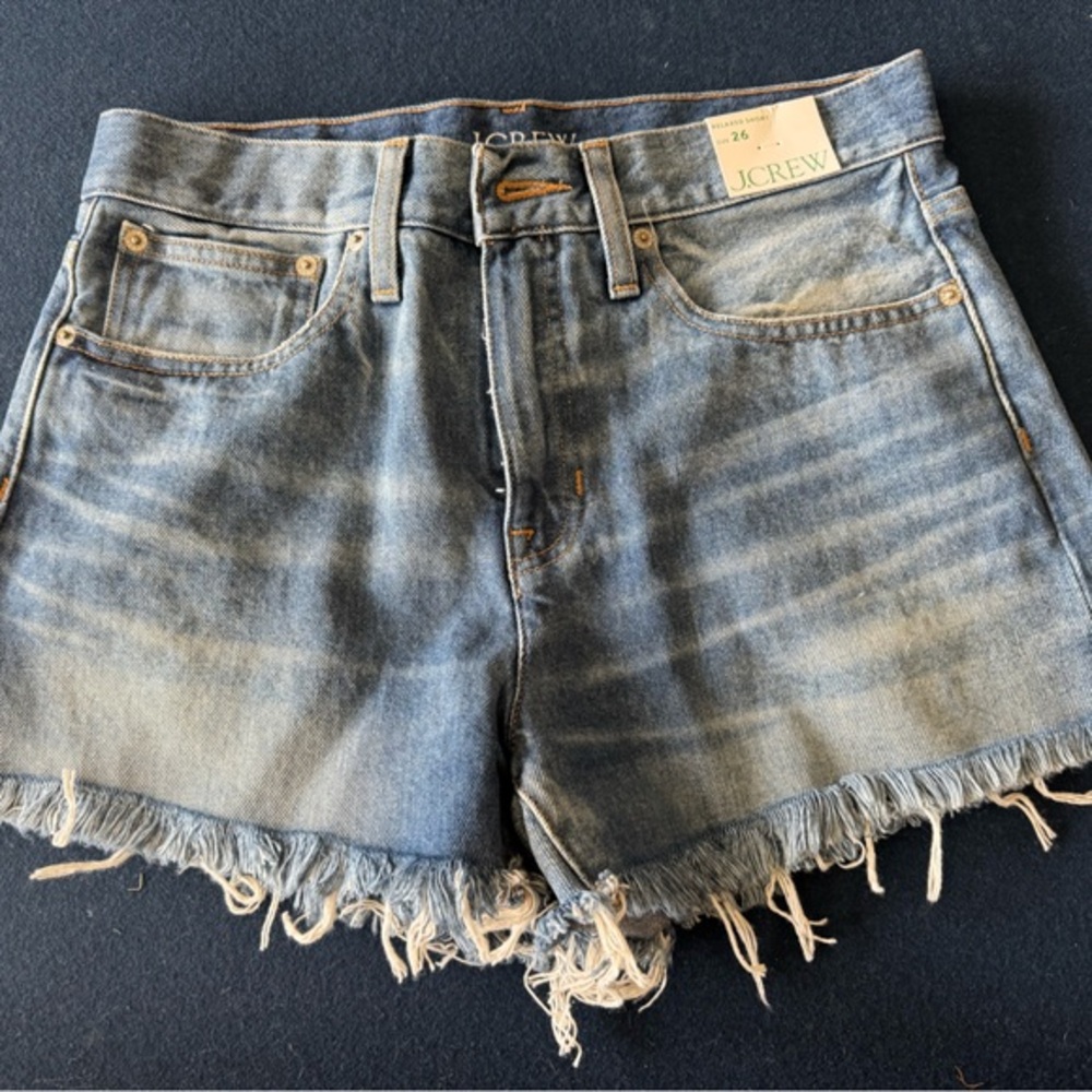 J. Crew “ relaxed fit” Blue Jean Shorts Distressed Cut-Off Style- see pi 4 deets